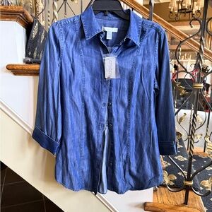 Chico’s NWT Felicia Tencel Denim 3/4 sleeve  basic Indigo. Size 0. Button front